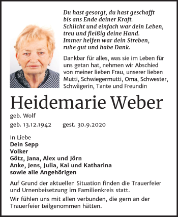Traueranzeige von Heidemarie Weber von Mitteldeutsche Zeitung Köthen
