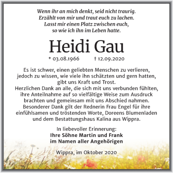 Traueranzeige von Heidi Gau von Super Sonntag Sangerhausen