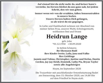 Traueranzeige von Heidrun Lange von Mitteldeutsche Zeitung Aschersleben