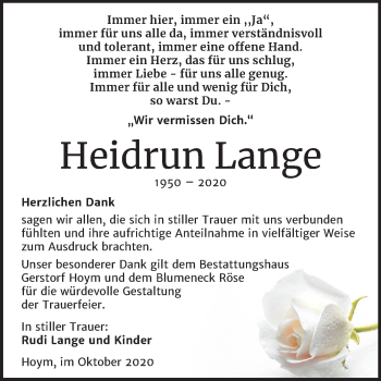 Traueranzeige von Heidrun Lange von Mitteldeutsche Zeitung Aschersleben