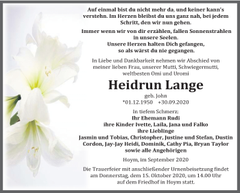 Traueranzeige von Heidrun Lange von Super Sonntag Aschersleben