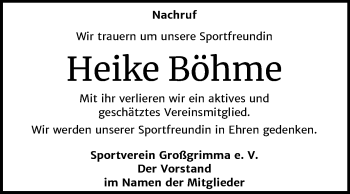 Traueranzeige von Heike Böhme von Wochenspiegel Weißenfels
