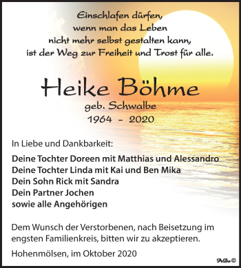 Traueranzeige von Heike Böhme von Mitteldeutsche Zeitung Weißenfels