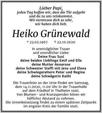 Traueranzeige von Heiko Grünewald von Mitteldeutsche Zeitung Bitterfeld