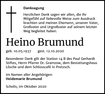 Traueranzeige von Heino Brumund von Mitteldeutsche Zeitung Wittenberg