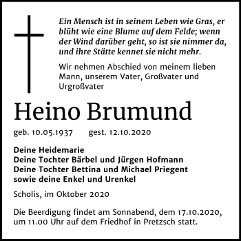 Traueranzeige von Heino Brumund von Mitteldeutsche Zeitung Wittenberg