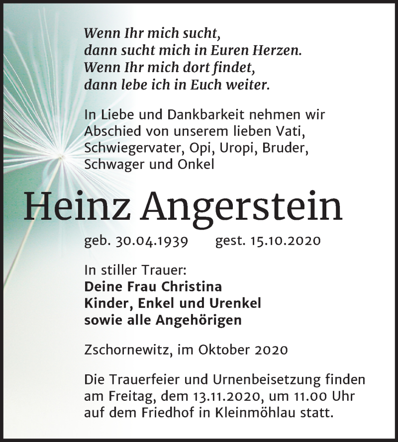  Traueranzeige für Heinz Angerstein vom 24.10.2020 aus Mitteldeutsche Zeitung Wittenberg
