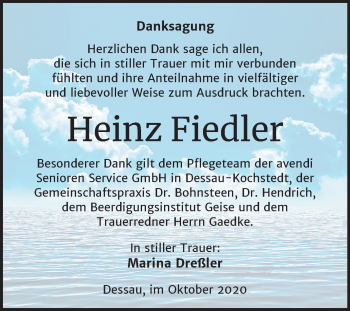 Traueranzeige von Heinz Fiedler von Mitteldeutsche Zeitung Dessau-Roßlau