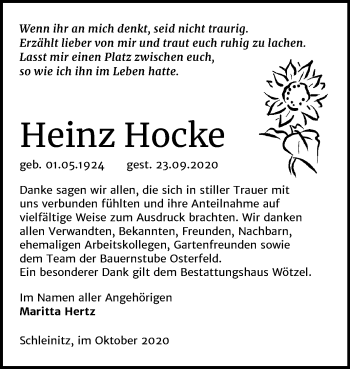 Traueranzeige von Heinz Hocke von Super Sonntag Zeitz