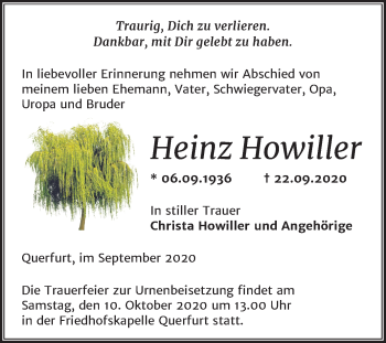 Traueranzeige von Heinz Howiller von Super Sonntag Merseburg/Querfurt