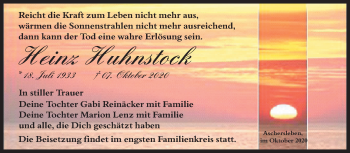 Traueranzeige von Heinz Huhnstock von Mitteldeutsche Zeitung Aschersleben