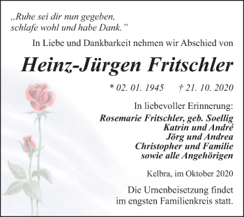 Traueranzeige von Heinz-Jürgen Fritschler von Super Sonntag Sangerhausen