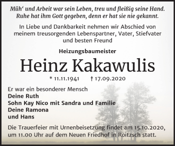 Traueranzeige von Heinz Kakawulis von Mitteldeutsche Zeitung Bitterfeld