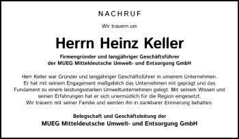 Traueranzeige von Heinz Keller von Mitteldeutsche Zeitung Merseburg/Querfurt