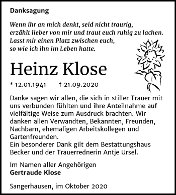 Traueranzeige von Heinz Klose von Super Sonntag Sangerhausen