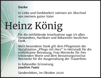 Traueranzeige von Heinz König von Mitteldeutsche Zeitung Mansfelder Land