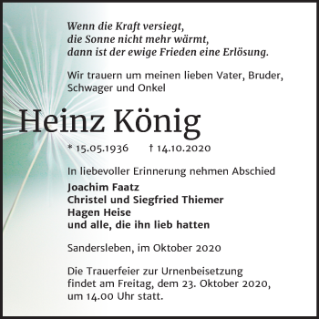 Traueranzeige von Heinz König von Wochenspiegel Mansfelder Land