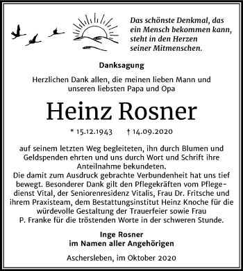 Traueranzeige von Heinz Rosner von Super Sonntag Aschersleben