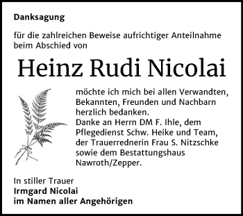 Traueranzeige von Heinz Rudi Nicolai von Wochenspiegel Bitterfeld