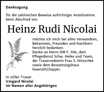 Traueranzeige von Heinz Rudi Nicolai von Mitteldeutsche Zeitung Bitterfeld