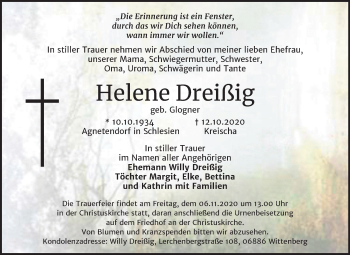 Traueranzeige von Helene Dreißig von Mitteldeutsche Zeitung Wittenberg