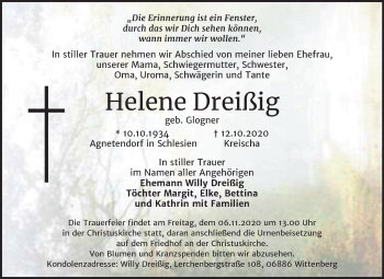 Traueranzeige von Helene Dreißig von Super Sonntag Wittenberg