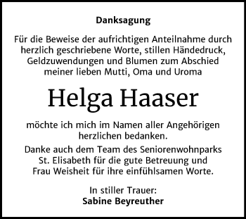 Traueranzeige von Helga Haaser von Mitteldeutsche Zeitung Aschersleben
