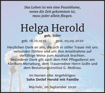 Traueranzeige von Helga Herold von Super Sonntag Merseburg/Querfurt