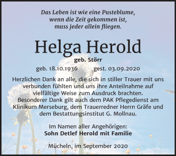 Traueranzeige von Helga Herold von Mitteldeutsche Zeitung Merseburg/Querfurt
