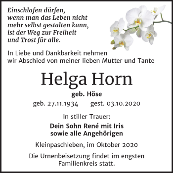 Traueranzeige von Helga Horn von Mitteldeutsche Zeitung Köthen