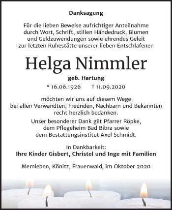 Traueranzeige von Helga Nimmler von Wochenspiegel Naumburg/Nebra