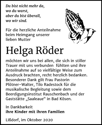 Traueranzeige von Helga Röder von Wochenspiegel Naumburg/Nebra