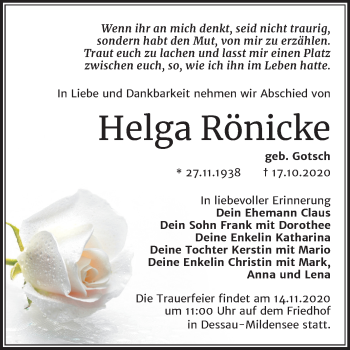 Traueranzeige von Helga Rönicke von Super Sonntag Dessau-Roßlau