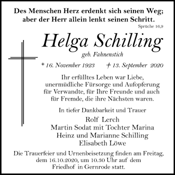 Traueranzeige von Helga Schilling von Mitteldeutsche Zeitung Quedlinburg
