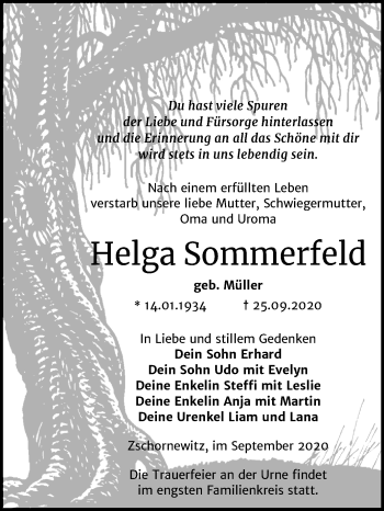 Traueranzeige von Helga Sommerfeld von Super Sonntag Wittenberg
