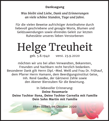 Traueranzeige von Helge Treuheft von Super Sonntag Köthen