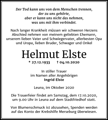 Traueranzeige von Helmut Elste von Mitteldeutsche Zeitung Merseburg/Querfurt