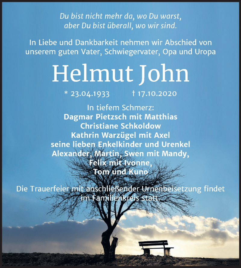  Traueranzeige für Helmut John vom 24.10.2020 aus Mitteldeutsche Zeitung Quedlinburg