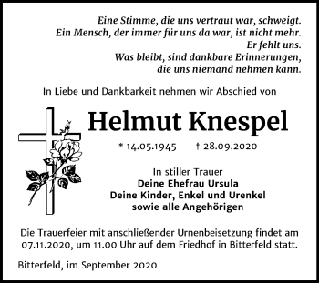 Traueranzeige von Helmut Knespel von Mitteldeutsche Zeitung Bitterfeld