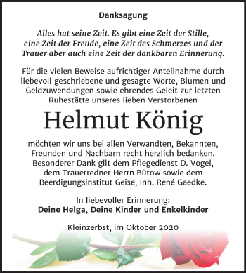 Traueranzeige von Helmut König von Super Sonntag Köthen
