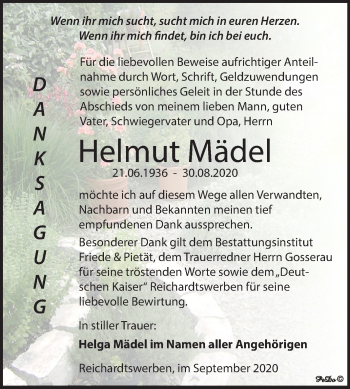 Traueranzeige von Helmut Mädel von Wochenspiegel Weißenfels