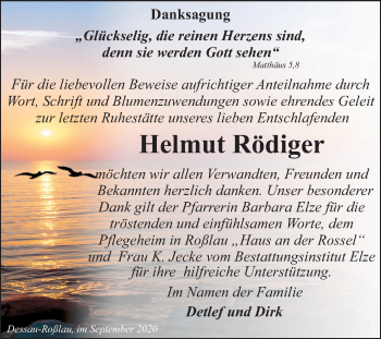 Traueranzeige von Helmut Rödiger von Super Sonntag Dessau-Roßlau