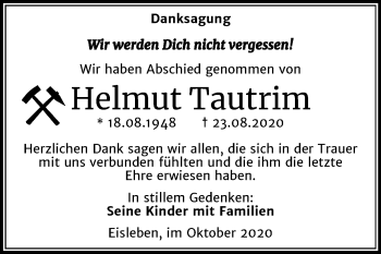 Traueranzeige von Helmut Tautrim von Super Sonntag Mansfelder Land