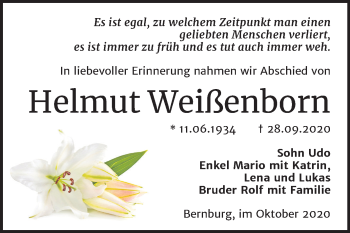 Traueranzeige von Helmut Weißenborn von Mitteldeutsche Zeitung Bernburg