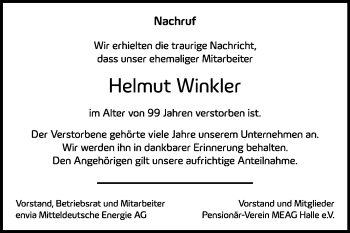 Traueranzeige von Helmut Winkler von Mitteldeutsche Zeitung Halle/Saalkreis