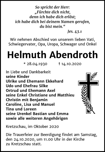 Traueranzeige von Helmuth Abendroth von Super Sonntag Zeitz