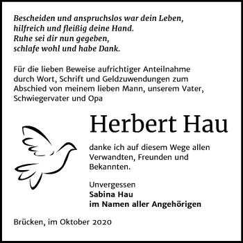 Traueranzeige von Herbert Hau von Mitteldeutsche Zeitung Sangerhausen