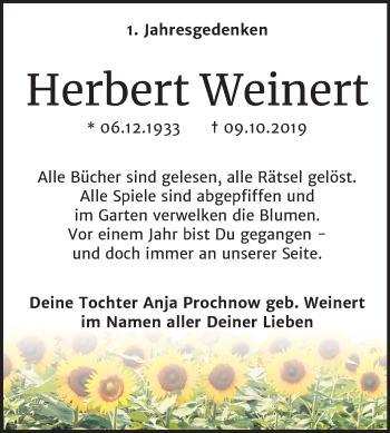 Traueranzeige von Herbert Weinert von Mitteldeutsche Zeitung Bitterfeld
