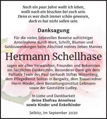Traueranzeige von Hermann Schellhase von Mitteldeutsche Zeitung Wittenberg