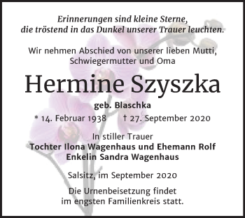 Traueranzeige von Hermine Szyszka von Mitteldeutsche Zeitung Zeitz